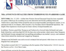 168NBA-格林因锁喉戈贝尔被禁赛五场，戈贝尔最冤，拉架却被罚2.5万